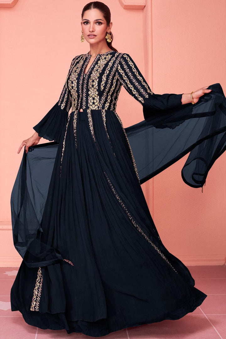 Lassya Fashion Dark Black Elegant Party Wear Gown with Georgette Dupatta