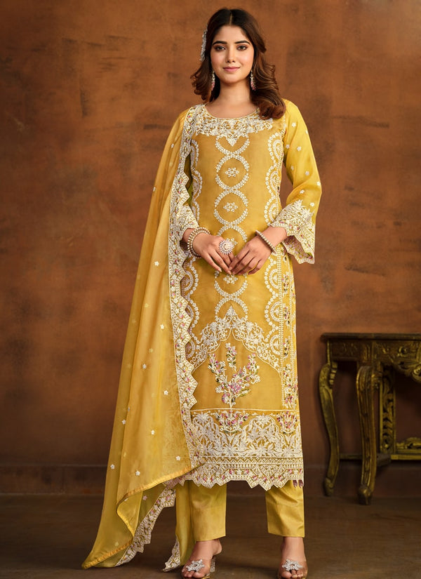 Lassya Fashion Canary Yellow Elegant Designer Suit Set in Soft Organza