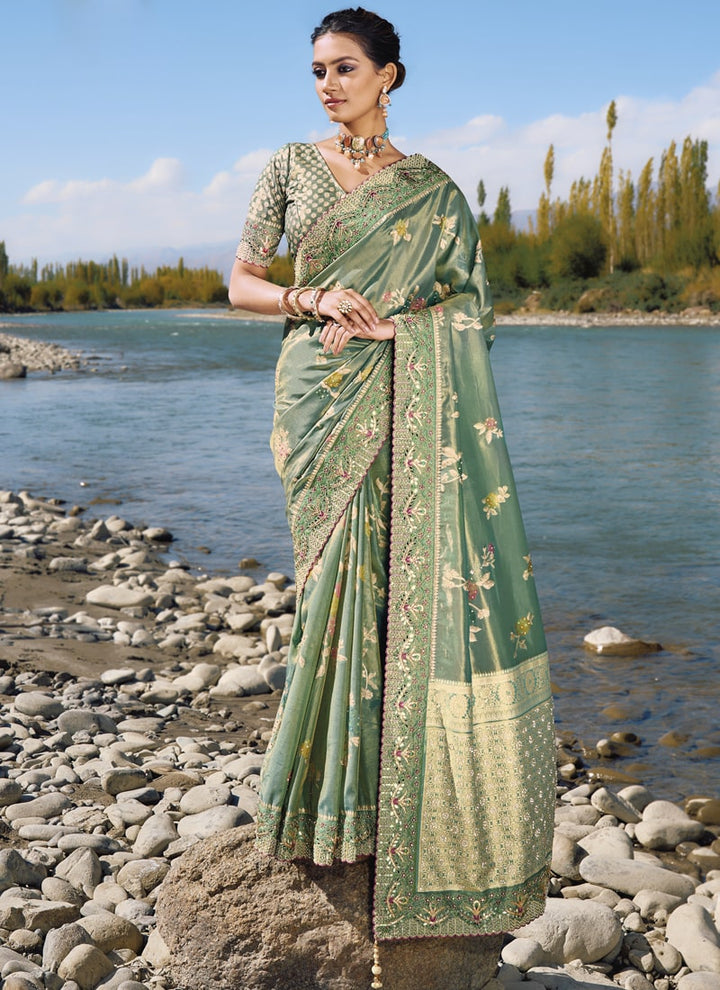 Lassya Fashion Sage Green Exquisite Wedding Saree with Original Mirror & Cut Dana Work