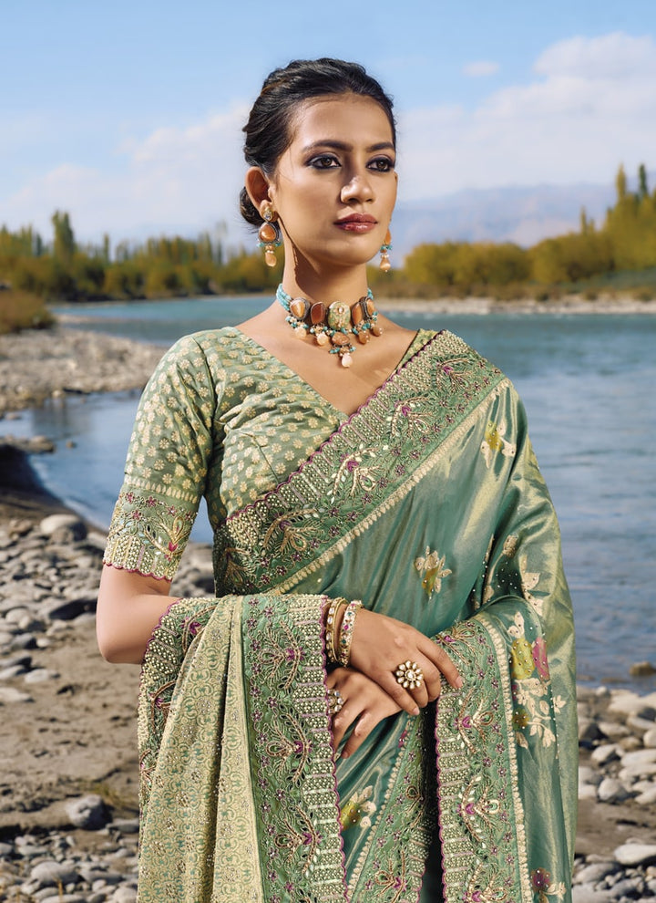 Lassya Fashion Sage Green Exquisite Wedding Saree with Original Mirror & Cut Dana Work