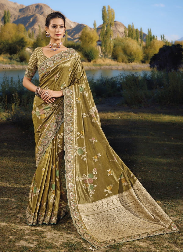 Lassya Fashion Mehendi Green Exquisite Wedding Saree with Original Mirror & Cut Dana Work