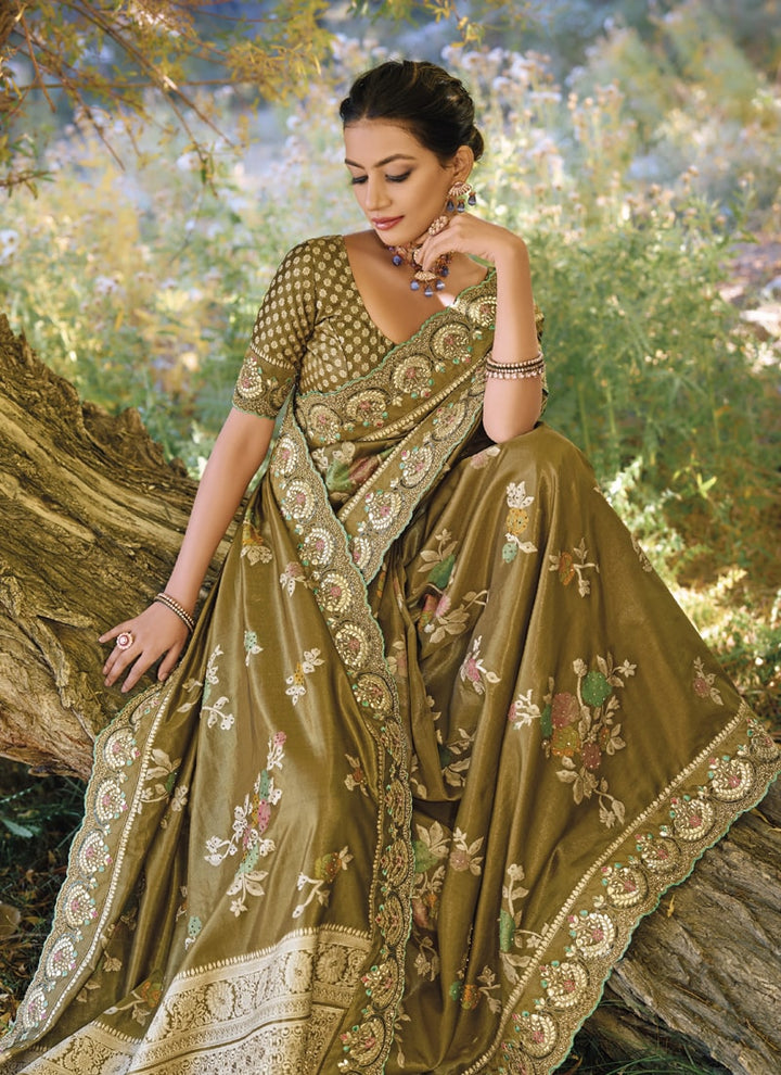 Lassya Fashion Mehendi Green Exquisite Wedding Saree with Original Mirror & Cut Dana Work