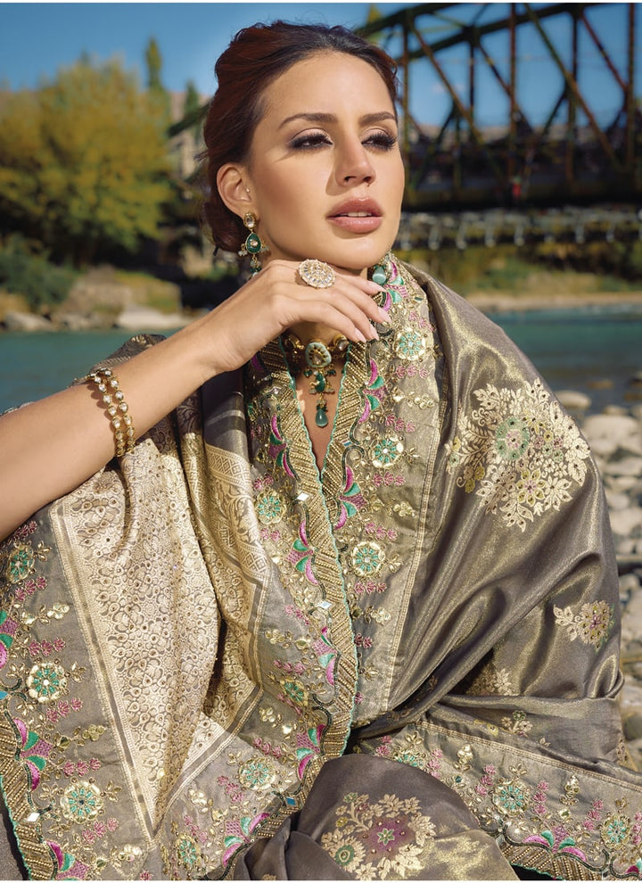 Lassya Fashion Dark Beige Exquisite Wedding Saree with Original Mirror & Cut Dana Work