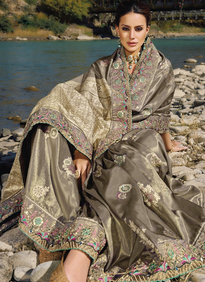 Lassya Fashion Dark Beige Exquisite Wedding Saree with Original Mirror & Cut Dana Work