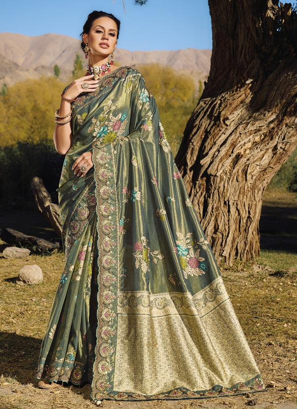 Lassya Fashion Ebony Green Exquisite Wedding Saree with Original Mirror & Cut Dana Work