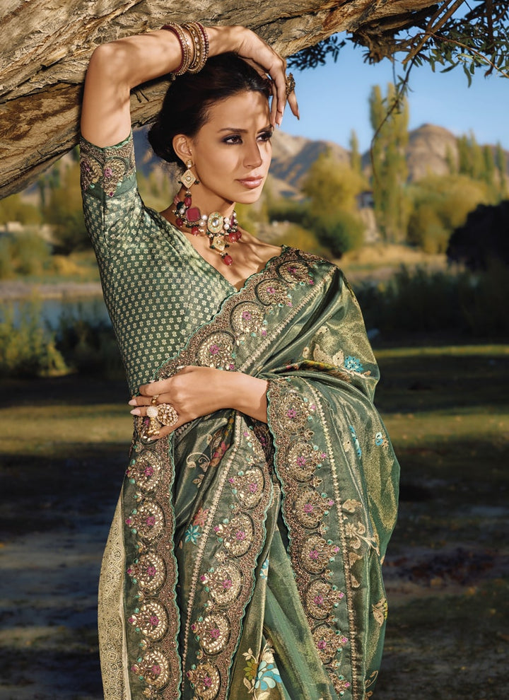 Lassya Fashion Ebony Green Exquisite Wedding Saree with Original Mirror & Cut Dana Work