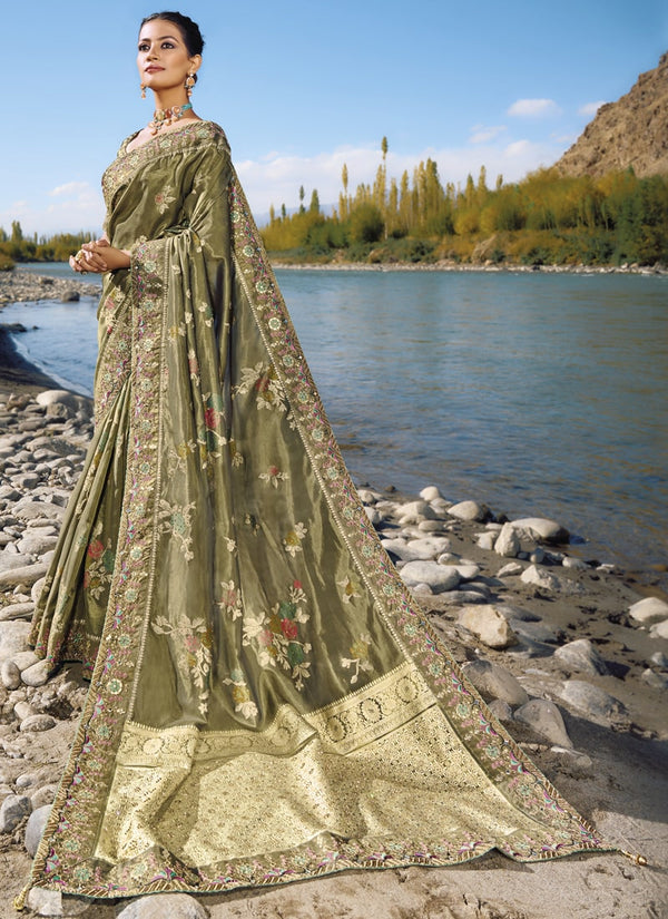 Lassya Fashion Olive Green Exquisite Wedding Saree with Original Mirror & Cut Dana Work