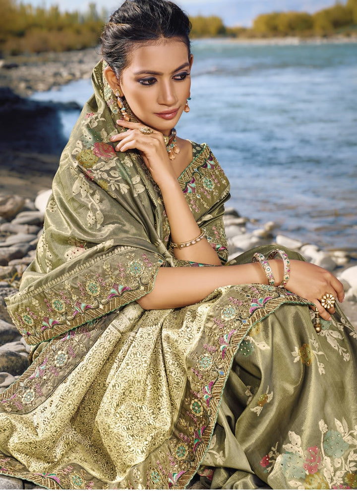Lassya Fashion Olive Green Exquisite Wedding Saree with Original Mirror & Cut Dana Work