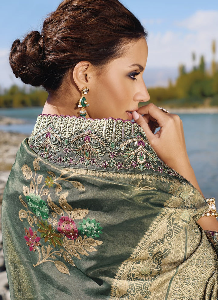 Lassya Fashion Moss Green Exquisite Wedding Saree with Original Mirror & Cut Dana Work