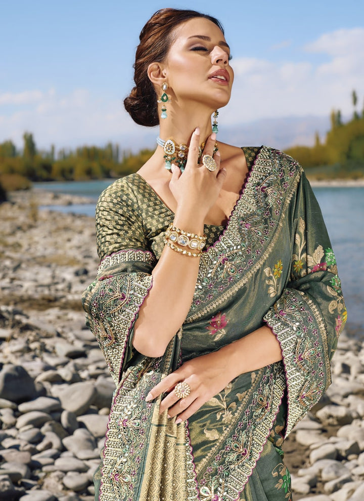 Lassya Fashion Moss Green Exquisite Wedding Saree with Original Mirror & Cut Dana Work