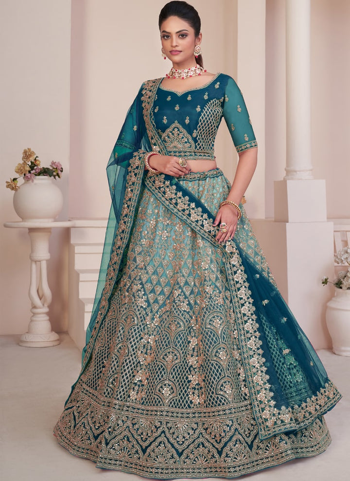 Lassya Fashion Teal Blue Beautiful Wedding Lehenga with Detailed Decorations