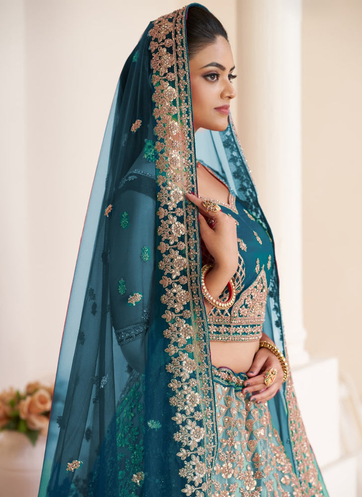 Lassya Fashion Teal Blue Beautiful Wedding Lehenga with Detailed Decorations