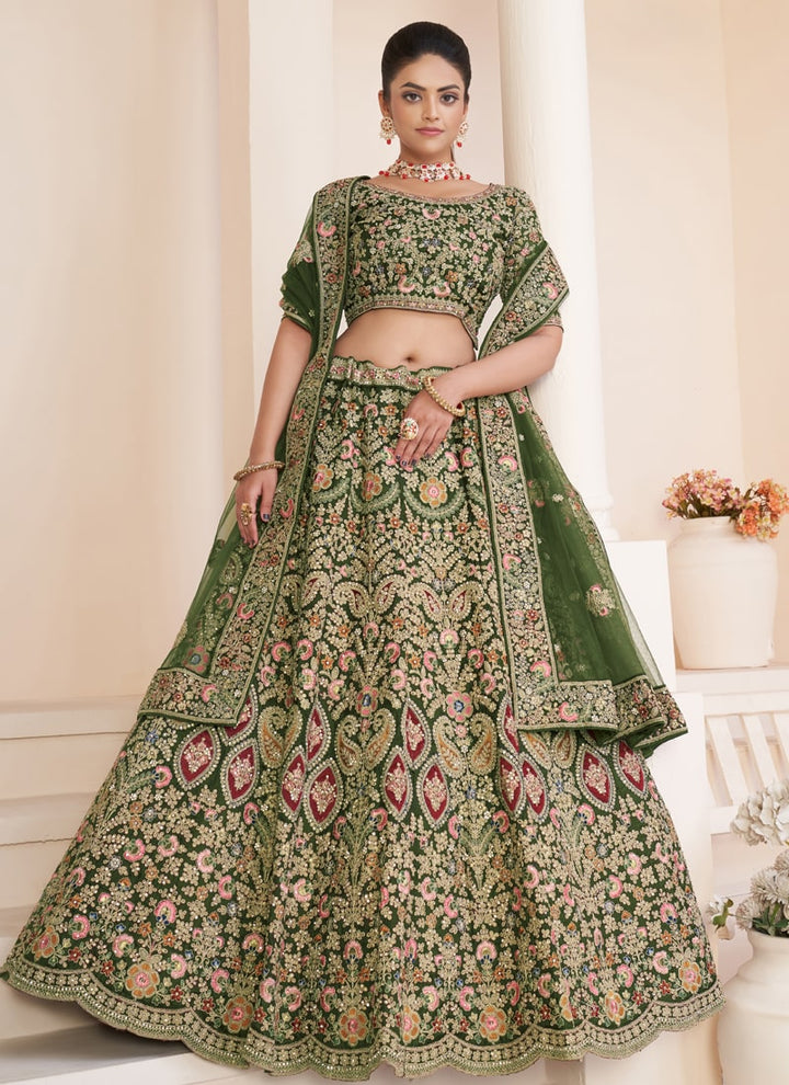 Lassya Fashion Olive Green Elegant Wedding Lehenga with Fine Embellishments