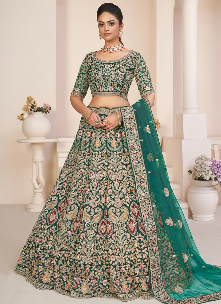 Lassya Fashion Pine Green Elegant Wedding Lehenga with Fine Embellishments