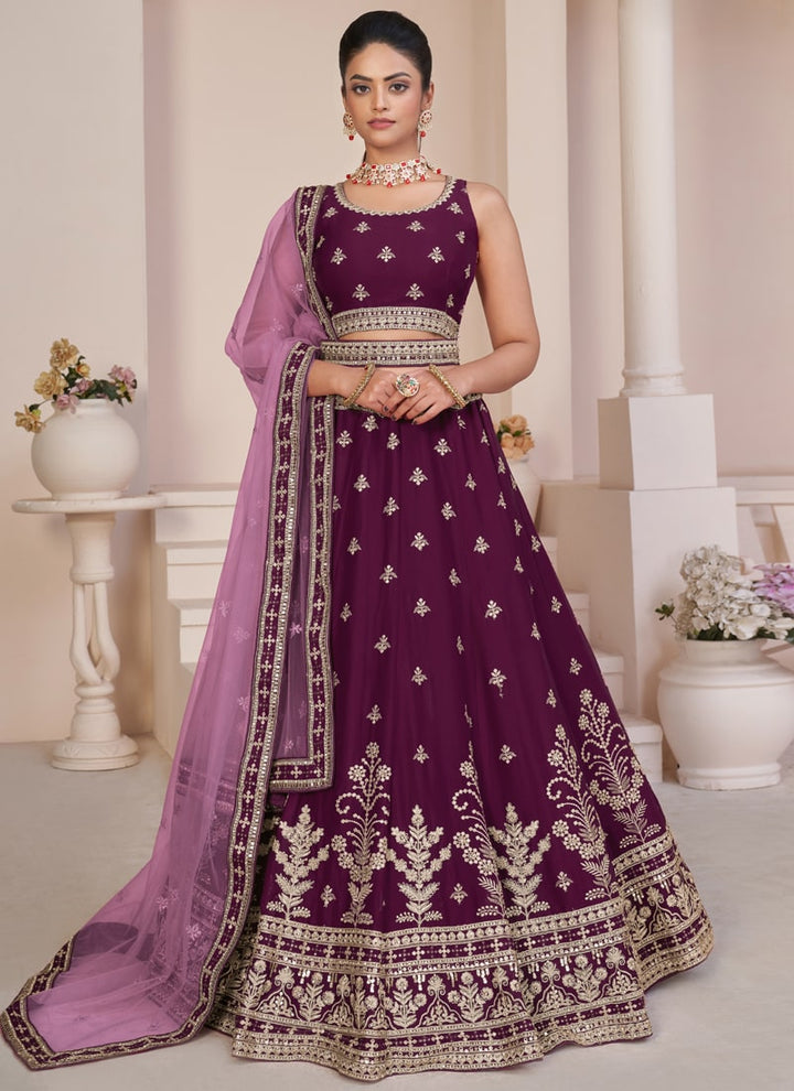 Lassya Fashion Purple Wine Stylish Wedding Lehenga with Intricate Embellishments