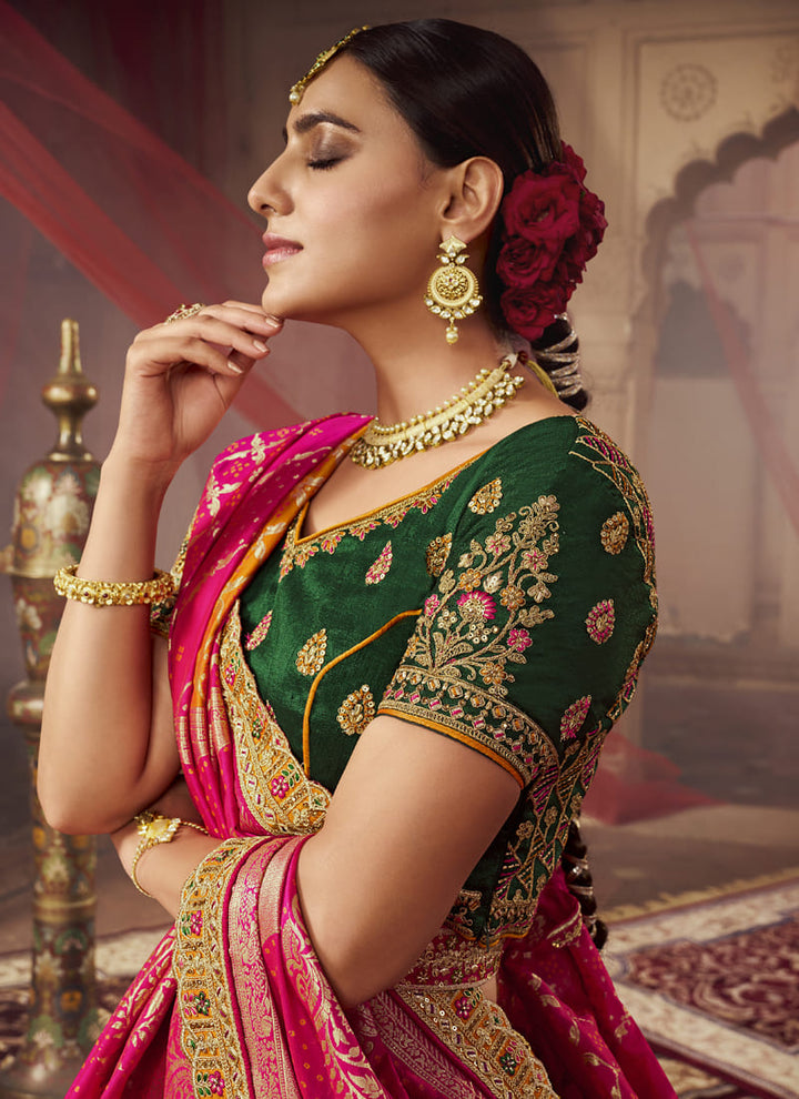 Lassya Fashion Dark Green Exquisite Banarasi Silk Bridal Lehenga Set