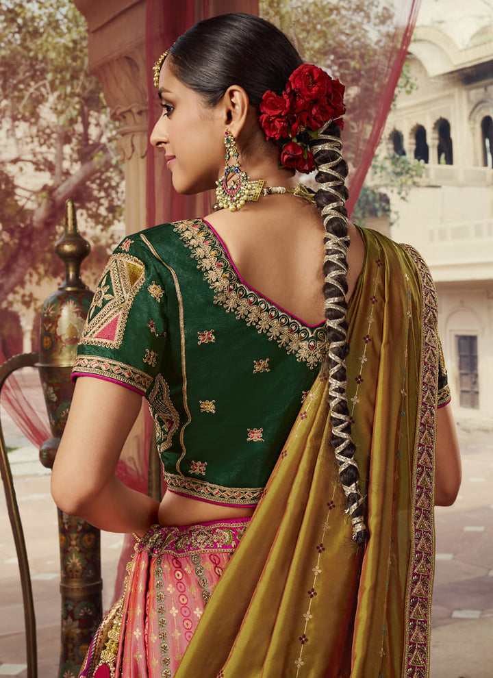 Lassya Fashion Pink And Green Exquisite Banarasi Silk Bridal Lehenga Set