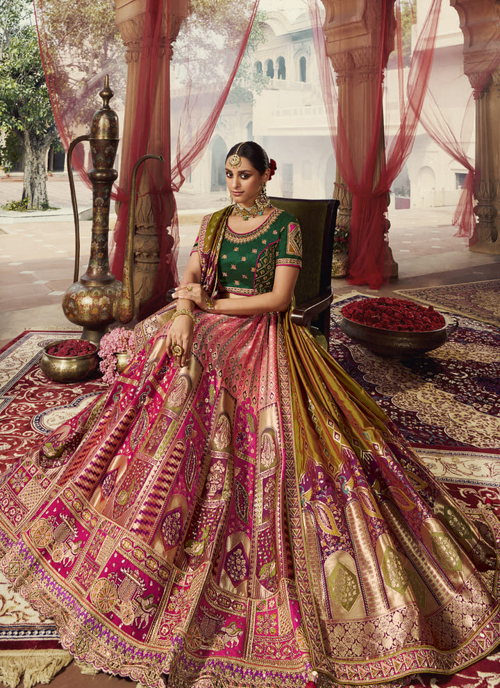 Lassya Fashion Pink And Green Exquisite Banarasi Silk Bridal Lehenga Set