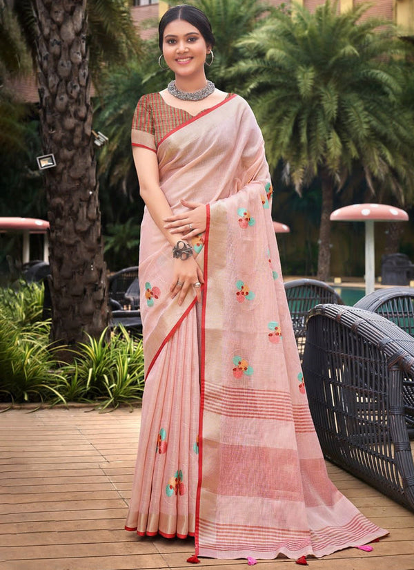 Lassya Peach Elegant Linen Saree With Blouse