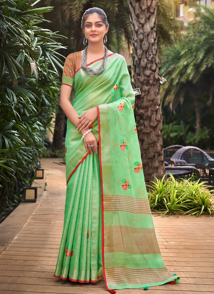 Lassya Mint Green Elegant Linen Saree With Blouse