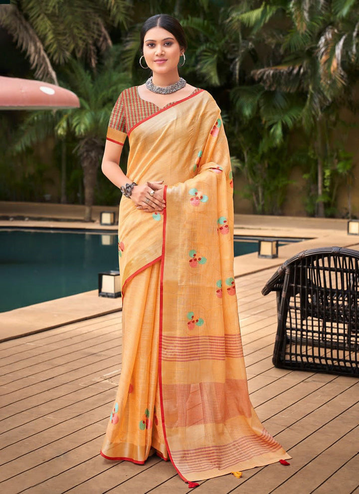 Lassya Soft Apricot Elegant Linen Saree With Blouse