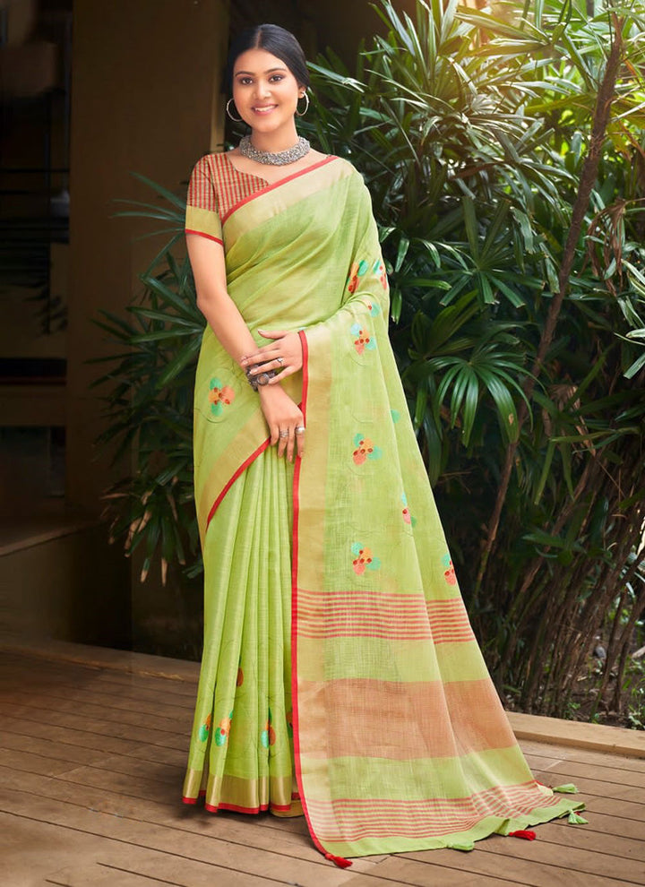 Lassya Pista Green Elegant Linen Saree With Blouse