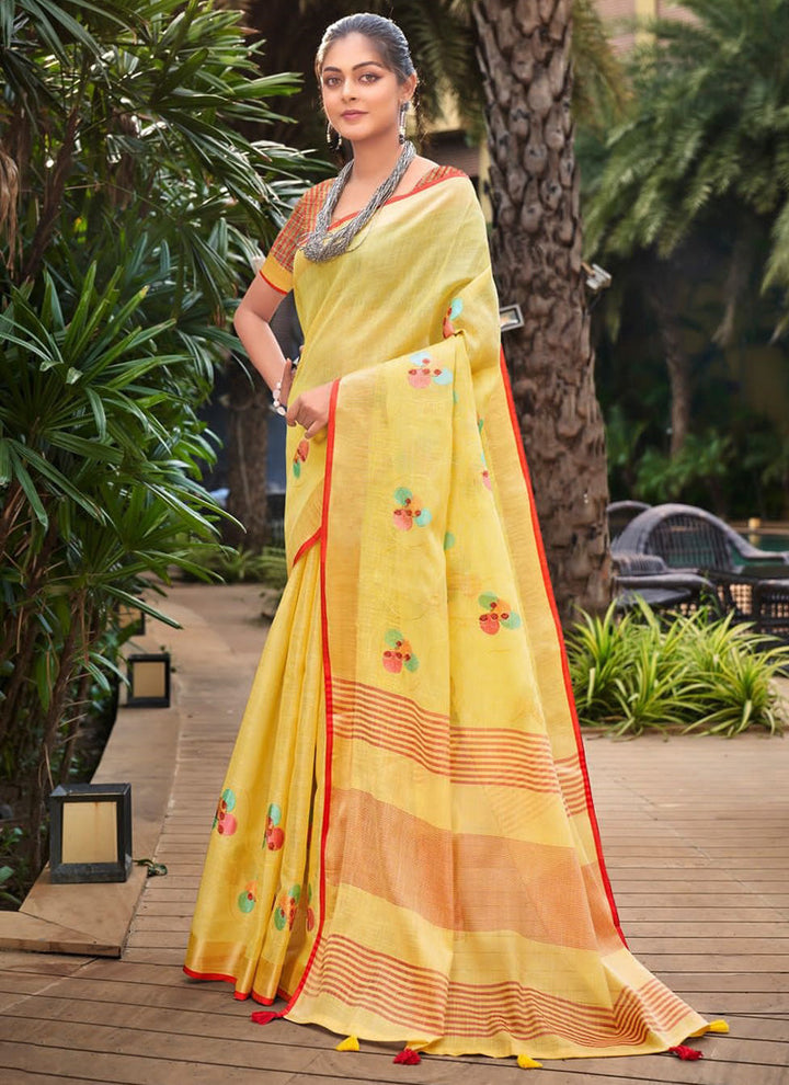 Lassya Yellow Elegant Linen Saree With Blouse