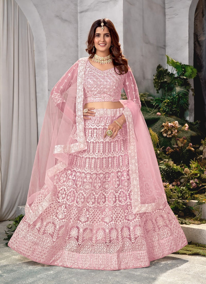 Lassya Blush Pink Chic Net Lehenga Choli Set with Exquisite Embroidery Work