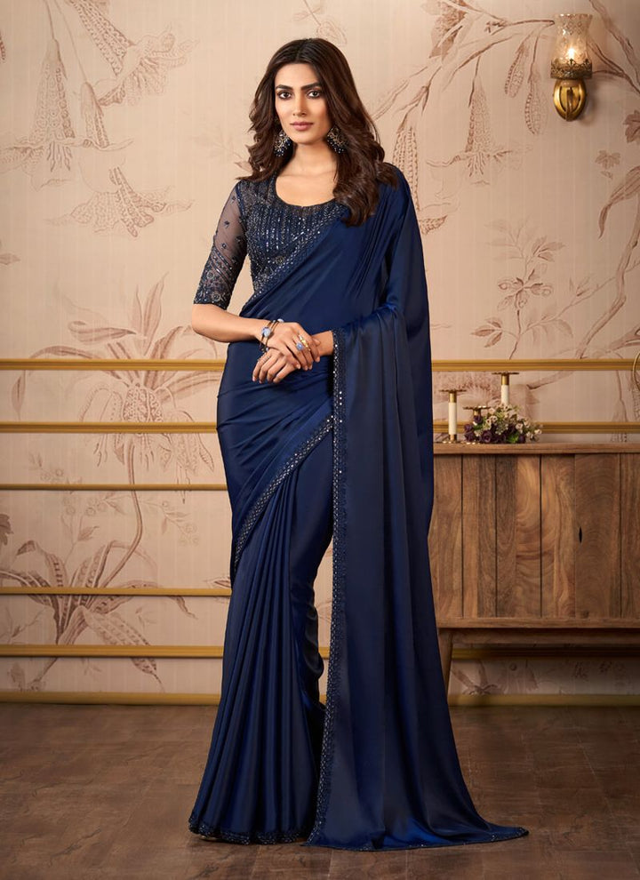 Lassya Navy Blue Party Wear Satin Organza Saree with Embroidered Blouse
