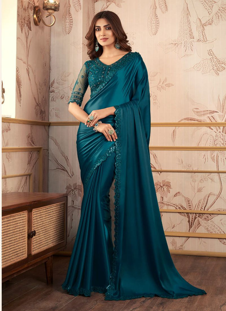 Lassya Teal Green Party Wear Satin Organza Saree with Embroidered Blouse