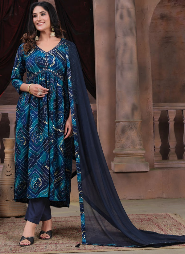 Lassya Midnight Blue Premium Rayon Alia Cut Kurti Set with Pants and Printed Lace Dupatta
