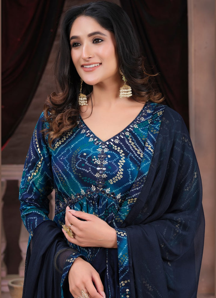 Lassya Midnight Blue Premium Rayon Alia Cut Kurti Set with Pants and Printed Lace Dupatta