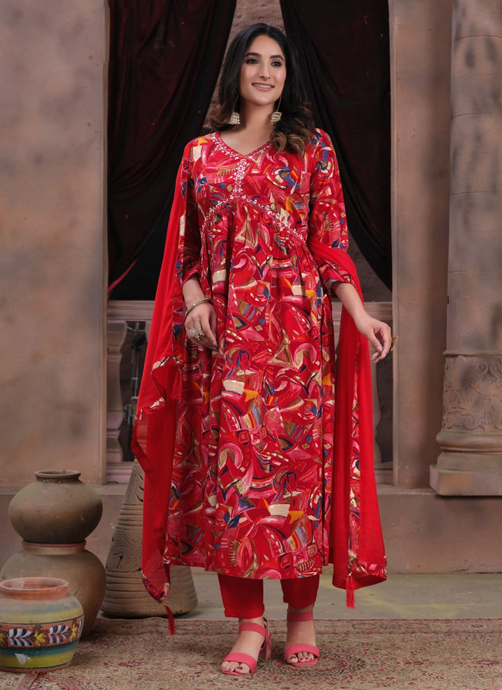 Lassya Ruby Red Premium Rayon Alia Cut Kurti Set with Pants and Printed Lace Dupatta