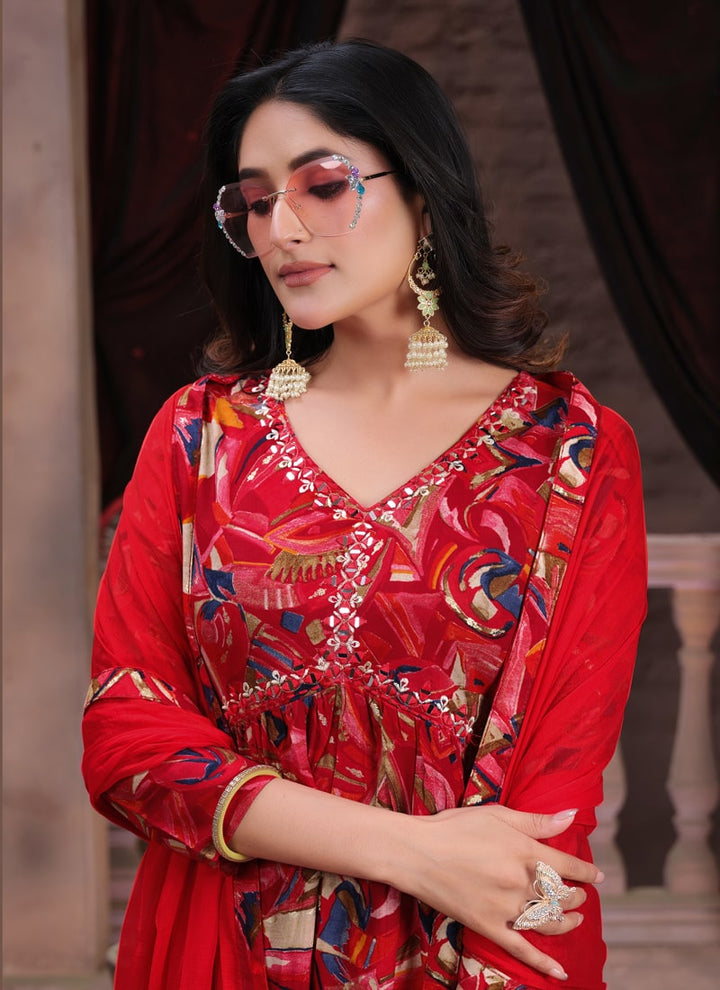 Lassya Ruby Red Premium Rayon Alia Cut Kurti Set with Pants and Printed Lace Dupatta