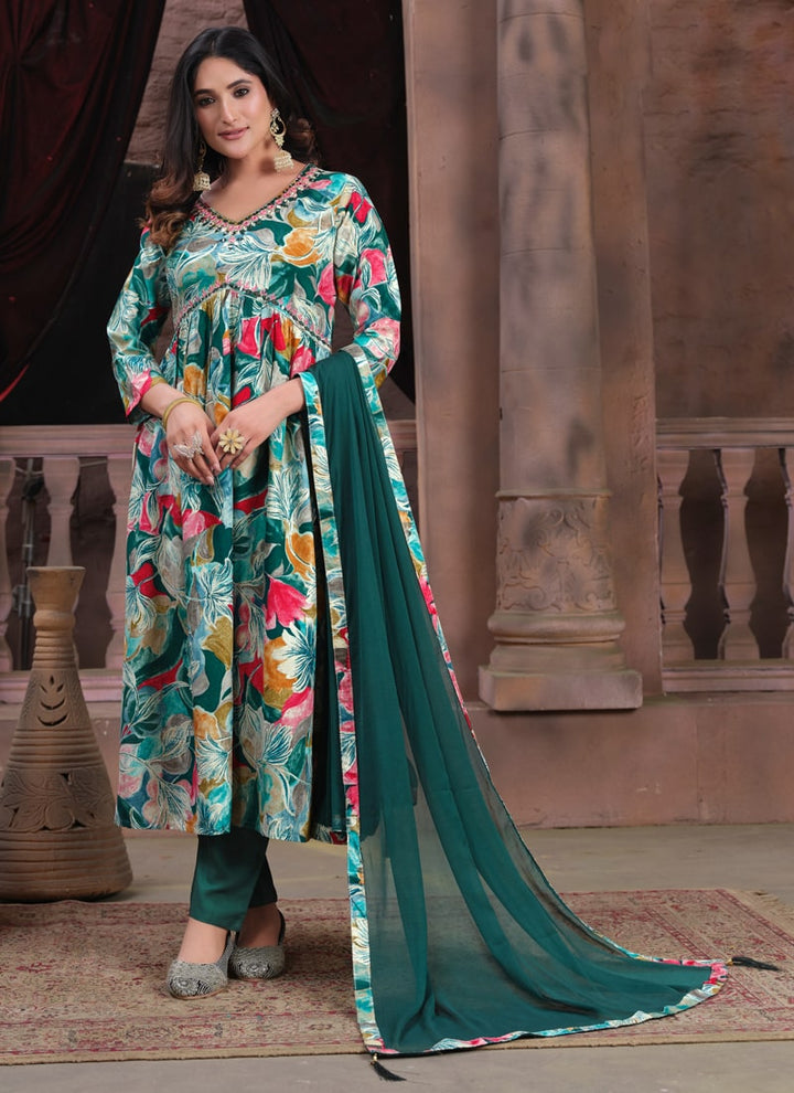 Lassya Bottle Green Premium Rayon Alia Cut Kurti Set with Pants and Printed Lace Dupatta