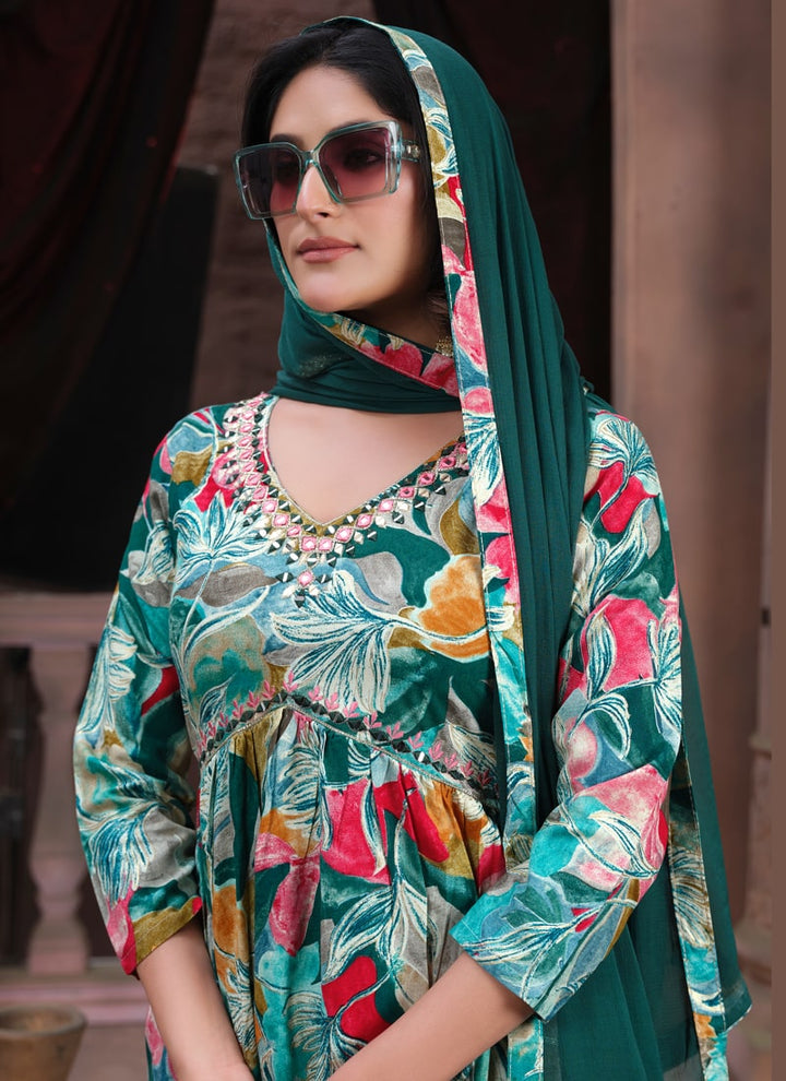 Lassya Bottle Green Premium Rayon Alia Cut Kurti Set with Pants and Printed Lace Dupatta