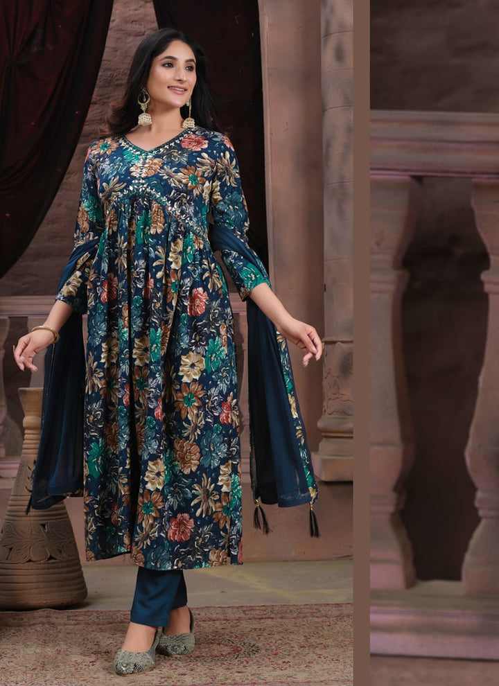 Lassya Teal Green Premium Rayon Alia Cut Kurti Set with Pants and Printed Lace Dupatta