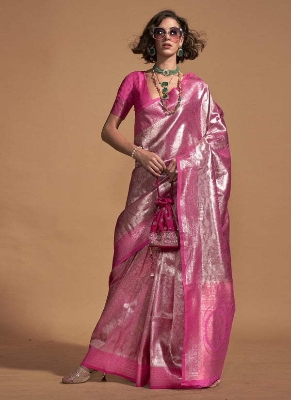 Lassya Deep Pink Handwoven Kanjivaram Silk Saree with Contrast Pallu Border