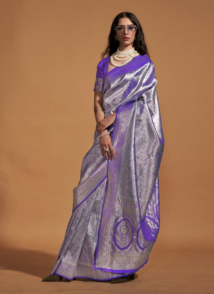 Lassya Royal Violet Handwoven Kanjivaram Silk Saree with Contrast Pallu Border