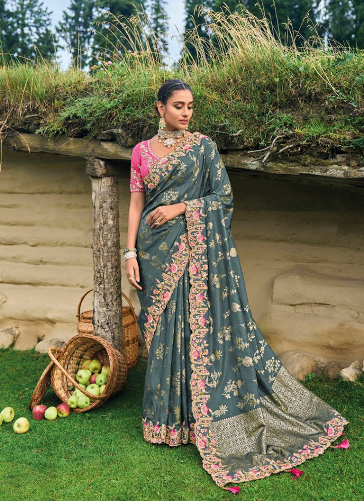 Lassya Fashion Dark Grey Designer Banarasi Silk Saree with Exquisite Embroidery Work