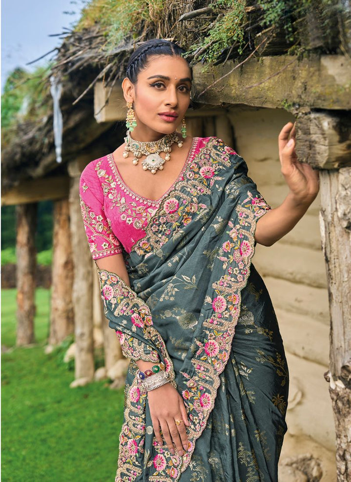 Lassya Fashion Dark Grey Designer Banarasi Silk Saree with Exquisite Embroidery Work