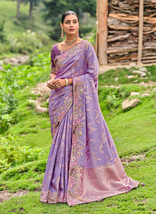 Lassya Fashion Lavender Designer Banarasi Silk Saree with Exquisite Embroidery Work