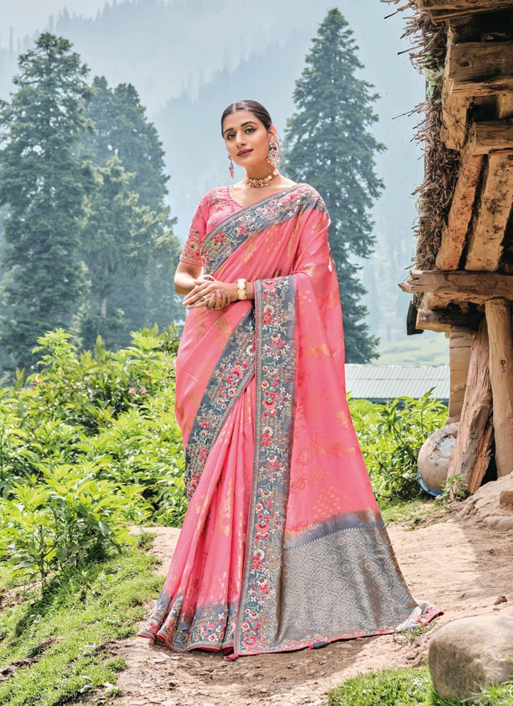 Lassya Fashion Coral Pink Designer Banarasi Silk Saree with Exquisite Embroidery Work