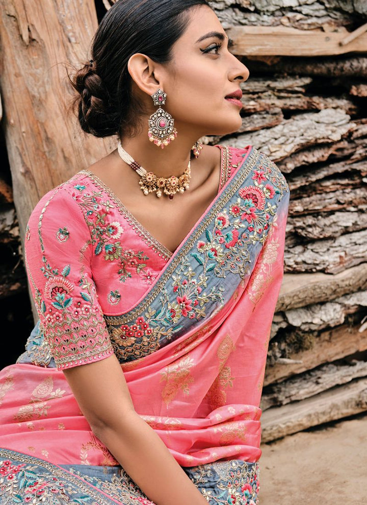 Lassya Fashion Coral Pink Designer Banarasi Silk Saree with Exquisite Embroidery Work