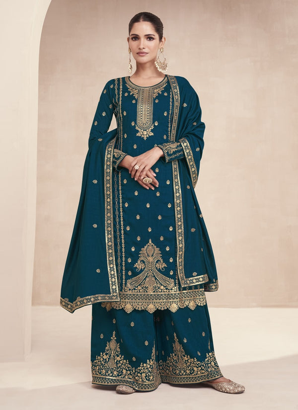 Lassya Teal Green Silk Palazzo Suit Set with Exquisite Embroidery Work