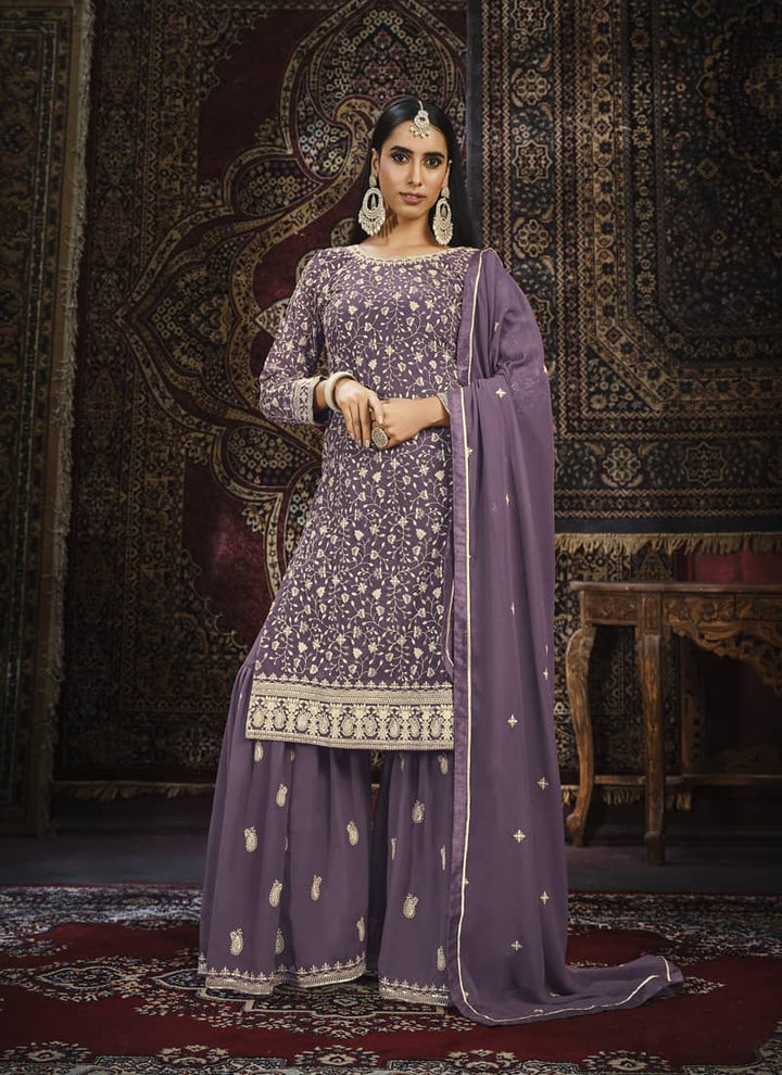 Lassya Fashion Purple Lavender Exquisite Faux Georgette Gharara Suit Set with Intricate Embroidery