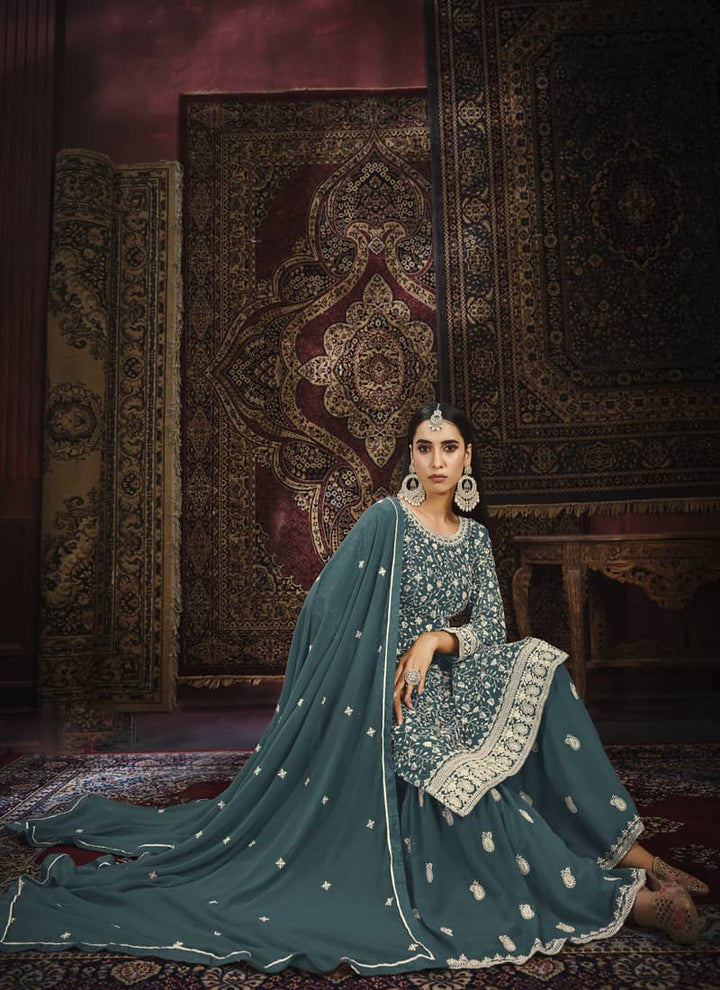 Lassya Fashion Teal Blue Exquisite Faux Georgette Gharara Suit Set with Intricate Embroidery