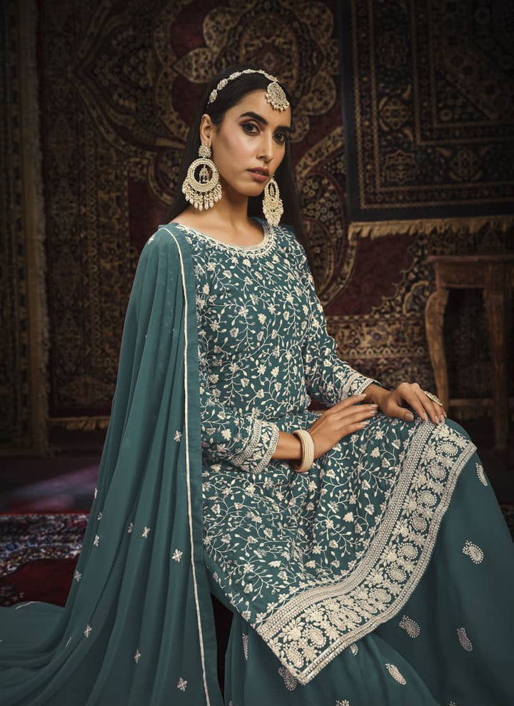 Lassya Fashion Teal Blue Exquisite Faux Georgette Gharara Suit Set with Intricate Embroidery
