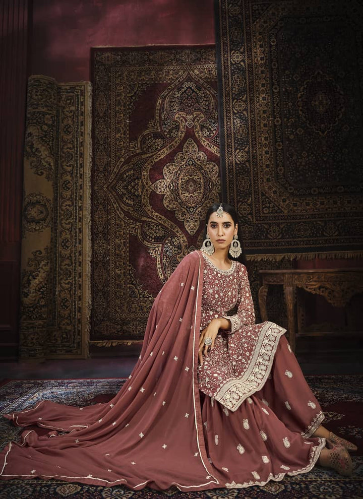 Lassya Fashion Mauve Pink Exquisite Faux Georgette Gharara Suit Set with Intricate Embroidery