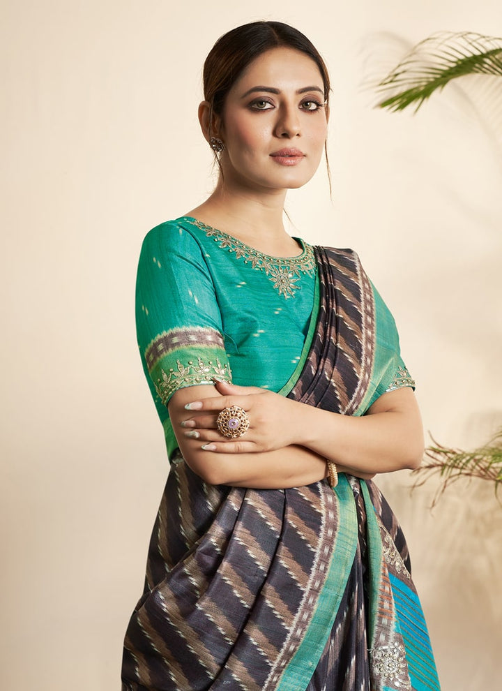 Lassya Fashion Cyan Green Graceful Stripes Bhagalpuri Silk Saree with Stone and Handwork
